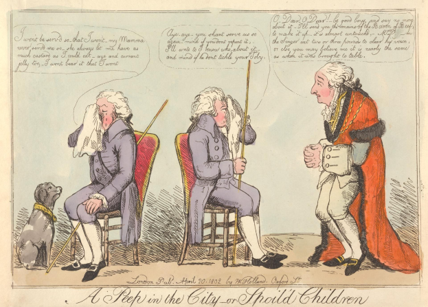 Eine Karikatur eines strengen Mannes in einem langen Mantel und Hut, der auf einem Stuhl sitzt, mit einem Hund neben ihm, der Hund schaut aufmerksam hoch, mit dem Text "Ein Blick in die Stadt oder Sollten Kinder" auf einem Papier.