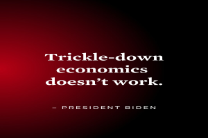 Ein Plakat mit fetter, schwarzer Schrift auf einem weißen Hintergrund, eingerahmt von einem schmalen schwarzen Rand, das "Trickle-Down Economics Doesn't Work" verkündet und ein Zitat von Präsident Biden enthält.