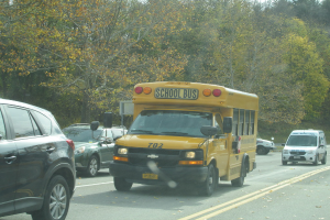 Ein gelber Schulbus, ein Van und ein Auto sind auf einer Stra├če mit B├Ąumen im Hintergrund.