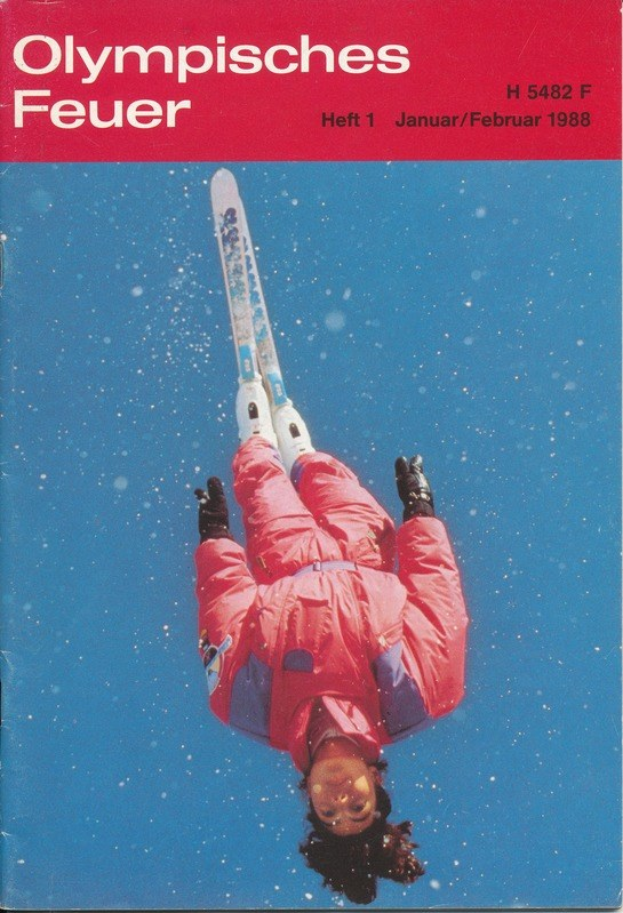 Titelbild einer Olympia-Magazinausgabe (Heft 1, Januar/Februar 1988) mit einem Skifahrer in der Luft.