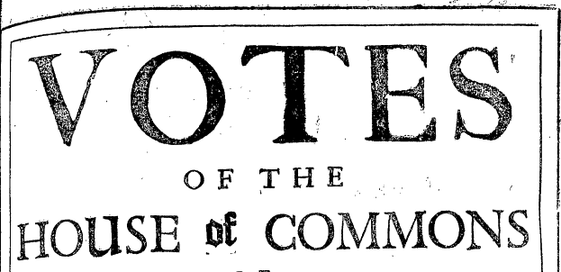 Ein Schwarz-Weiß-Plakat mit der Aufschrift "Stimmen des House of Commons" in fetter Schrift.