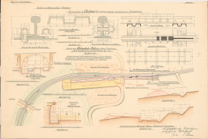 Altes Buch mit detaillierten Zeichnungen und Text zu einer Eisenbahnanlage, einschließlich einer Illustration der Bahntrasse.