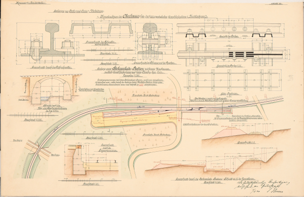 Altes Buch mit detaillierten Zeichnungen und Text zu einer Eisenbahnanlage, einschließlich einer Illustration der Bahntrasse.