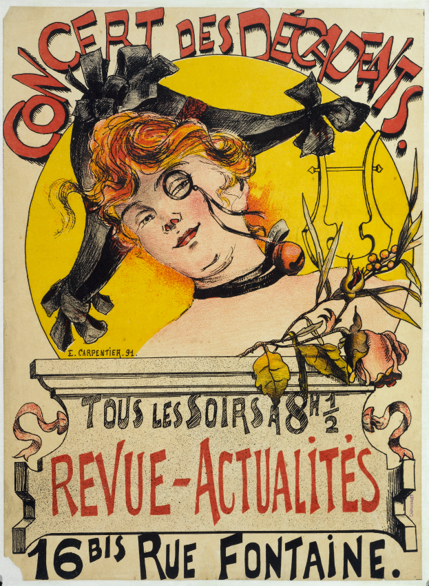 Ein Konzertplakat für die Dekadenten, das eine Frau mit einem menschlichen Gesicht und Text zeigt, der Informationen zum Event enthält.