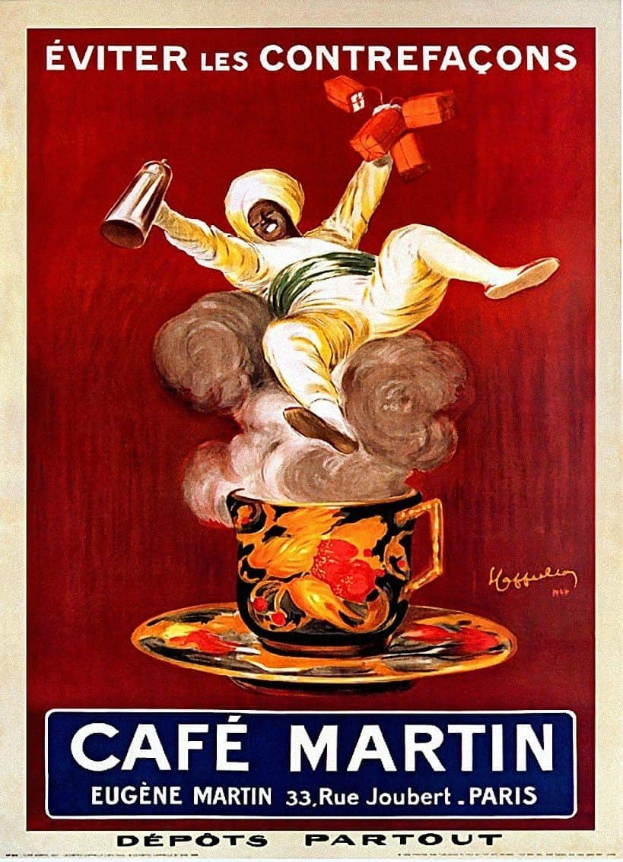 Plakat für Café Martin in Paris mit einer Person, die eine Tasse Kaffee hält, und dem Cafénamen in fetter Schrift darüber.