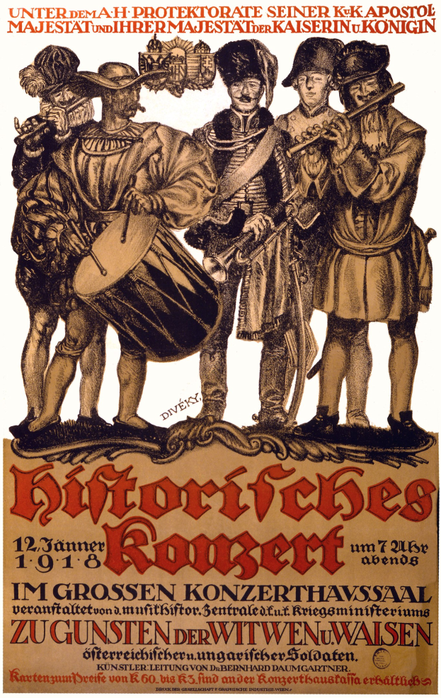 Konzertplakat mit einer Gruppe von Männern in bunter Kleidung, die Trommeln, Trompeten und Gitarren spielen, mit Text, der das Ereignis beschreibt.