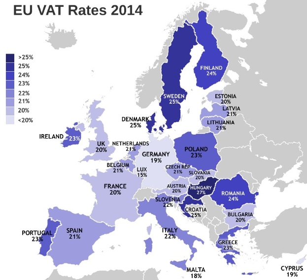Eine Europakarte, die die EU-Mehrwertsteuersätze von 2014 mit Prozentangaben und Textanzeigen zeigt.
