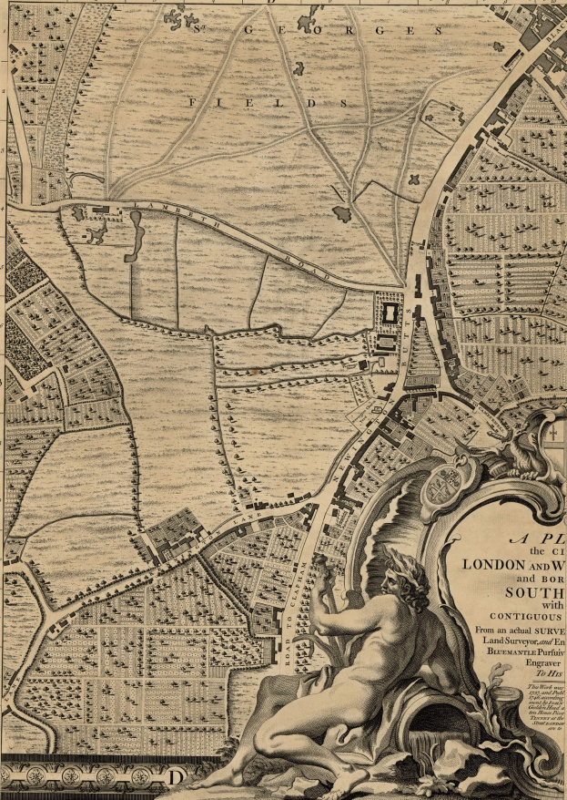 Ein detailliertes London- und Umgebungs-Kartenplakat mit einer zentralen Skulptur einer Person.