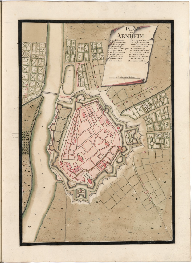 Ein altes Buch mit einer detaillierten Karte von Arnheim, Deutschland, mit Straßen, Gebäuden und Sehenswürdigkeiten, begleitet von beschreibendem Text.