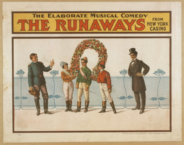 Plakat für "Elaborate Musical Comedy Runaways" im New Yorker Casino, das eine Reihe von Menschen zeigt, von denen einer einen Blumenstrauß hält und Text, der die Komödie beschreibt.