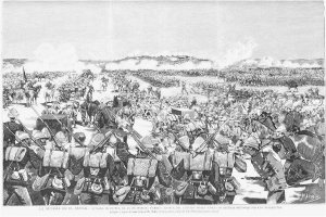 Ein Schwarz-Weiß-Zeichnung von einer großen Gruppe von Männern in Militäruniformen, die eine Straße entlangmarschieren, einige halten Gewehre, mit dem Text "La Guerra en el Sudan, 1864" unten.