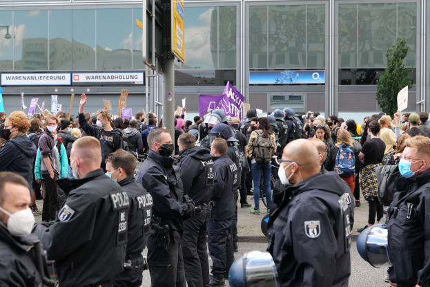 Eine große Gruppe von Menschen steht vor einem Gebäude, einige halten Schilder und tragen Helme, mit einem Mast mit einer Schildertafel im Vordergrund und einem Baum im Hintergrund, die scheinbar protestieren.