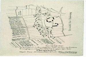 Alte detaillierte Karte von Chropatschow, Deutschland, zeigt Straßen, Gebäude, Sehenswürdigkeiten und Text mit zusätzlicher Stadtinformation.