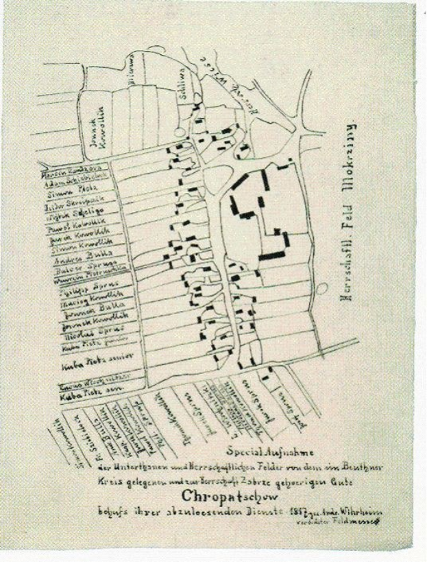 Alte detaillierte Karte von Chropatschow, Deutschland, zeigt Straßen, Gebäude, Sehenswürdigkeiten und Text mit zusätzlicher Stadtinformation.