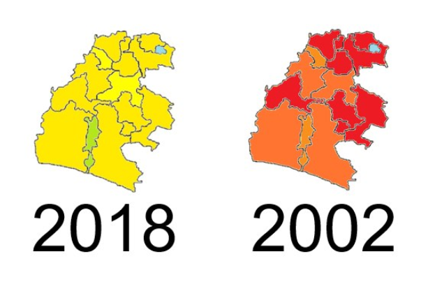 Karte von Deutschland, die die Provinzgrenzen von 2002 und 2018 in Gelb, Rot und Orange auf einem weißen Hintergrund hervorhebt, mit Text.