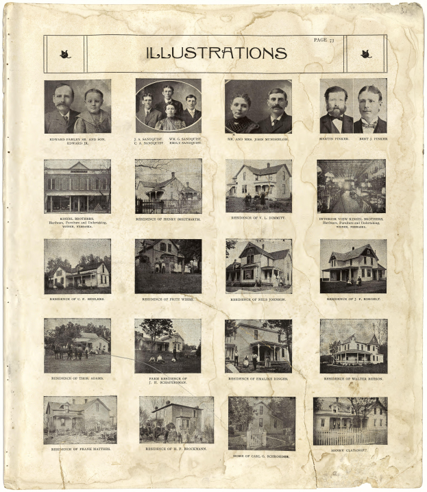 Ein altes Buch mit einer Collage von Abbildungen, darunter verschiedene Menschen und Häuser, mit begleitendem Text auf den Seiten.