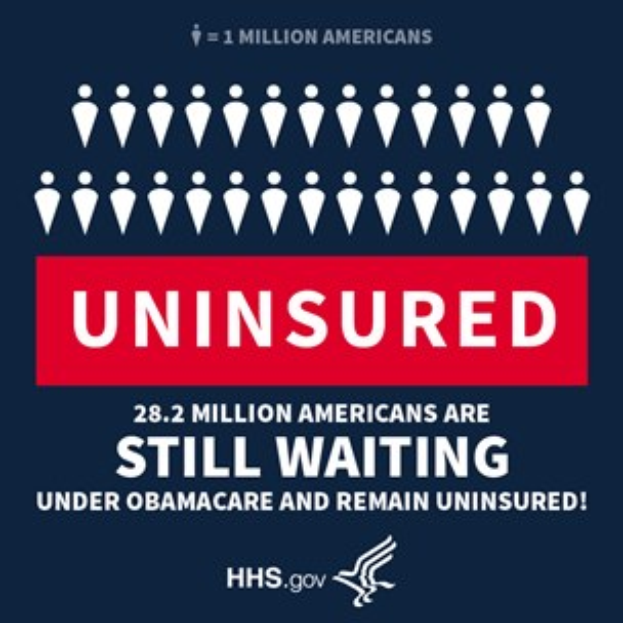 Ein Plakat mit der Aufschrift "28,2 Millionen Amerikaner warten noch auf Obamacare und bleiben unversichert" und einem Logo unten.