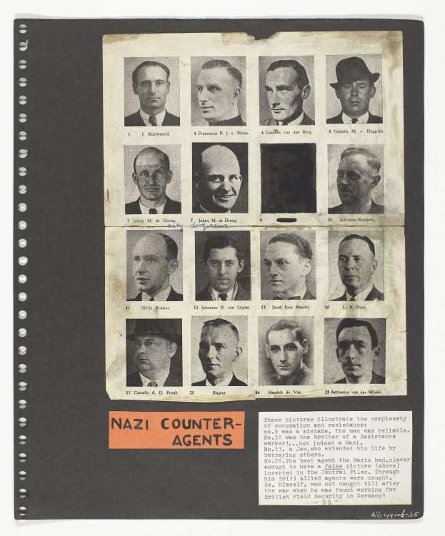 Ein Schwarz-Weiß-Foto eines Mannes im Anzug und mit Krawatte, dunklem, zurückgekämmtem Haar, der direkt in die Kamera schaut und einen ernsten Ausdruck hat, mit den Worten 'Nazi-Gegenspionage' auf dem Bild.