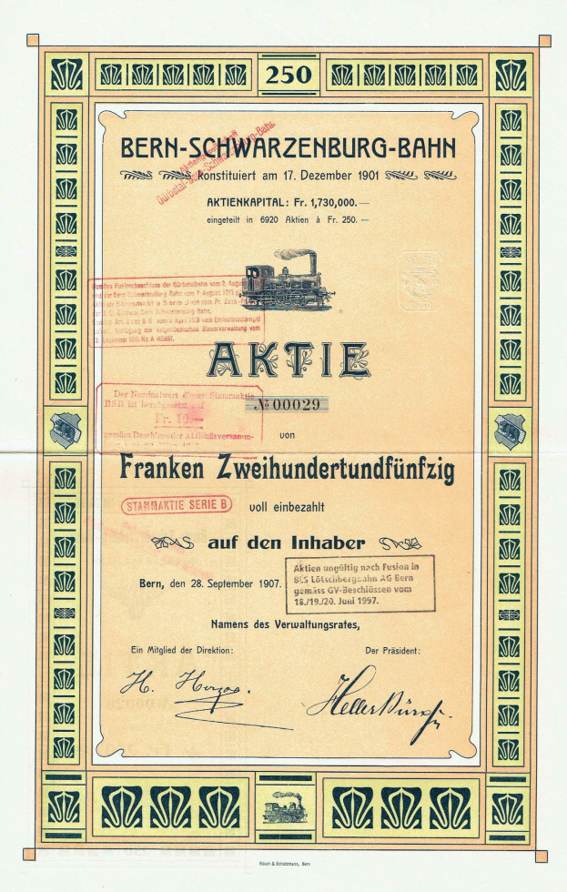 Altes deutsches Regierungsaktienzertifikat für Bern-Schwarzenburg-Bahn mit einer Zug-Illustration.