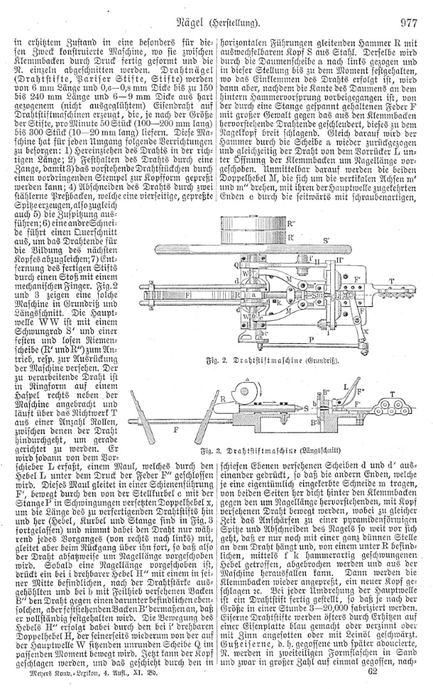 Eine Buchseite mit einer Zeichnung einer Maschine, betitelt "Deutsches Patent 977,977", und mehreren Bildern der Maschine rund um den Text.
