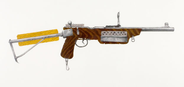 Eine Waffe wird gegen einen neutralen Hintergrund gehalten.