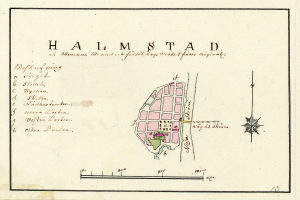 Eine detaillierte Karte von Halmstad, Niederlande, mit Straßen, Gebäuden und Sehenswürdigkeiten, überlagert mit handgeschriebenem Text.