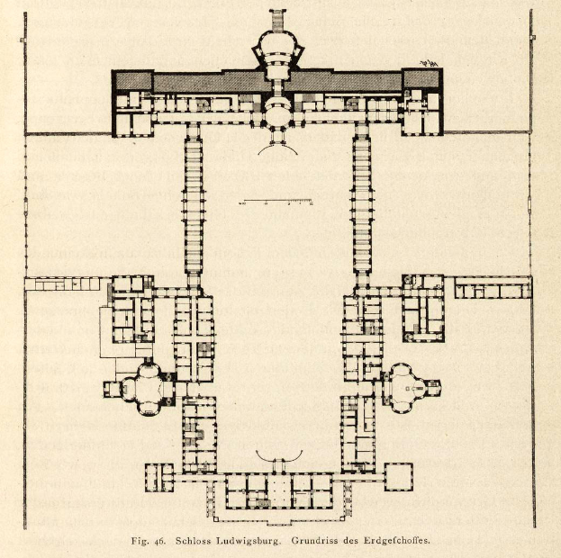 Ein detaillierter Grundrissplan von Schloss Ludwigsburg mit zahlreichen beschrifteten Räumen und begleitendem Text.