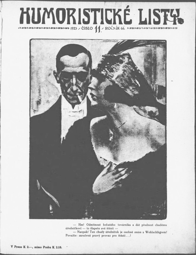 Schwarze und weiße Zeitschriftumschlag mit der Aufschrift 'Humoristische Liste', auf dem ein Mann im Anzug mit ernster Miene und eine Frau mit einem verschmitzten Grinsen zu sehen ist.