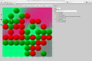 Ein Computerbildschirm, der ein Go-Spiel mit einem Gitter aus roten und grünen Kreisen anzeigt.