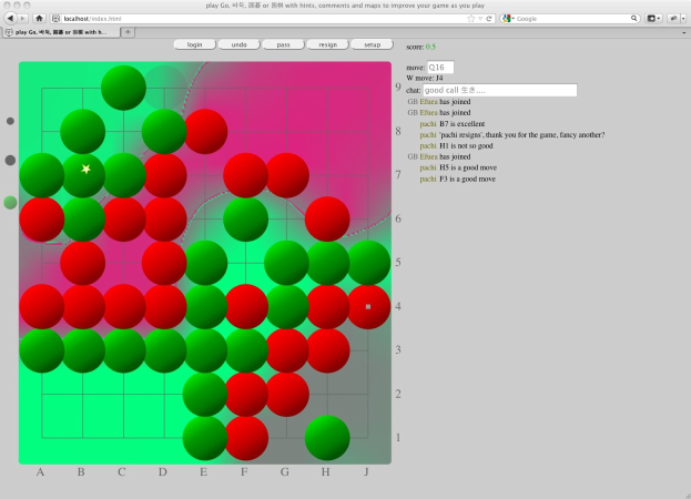Ein Computerbildschirm, der ein Go-Spiel mit einem Gitter aus roten und grünen Kreisen anzeigt.