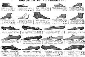Eine Buchseite, die verschiedene Damenschuhe mit einzigartigen Designs, Preisetiketten und detaillierten Beschreibungen der Größe, Form und Farbe zeigt, die ordentlich angeordnet sind.