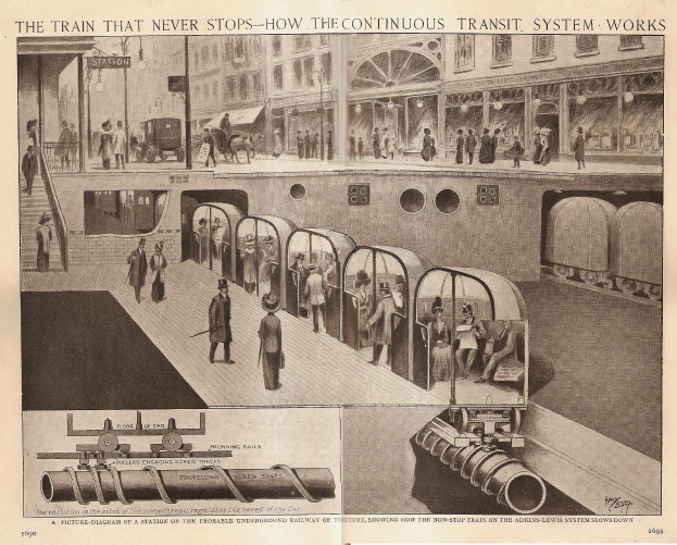 Ein Blatt Papier mit Bildern von Menschen, Zügen und anderen Gegenständen und dem Text "Der Zug, der nie aufhört - wie das kontinuierliche Transportsystem funktioniert".