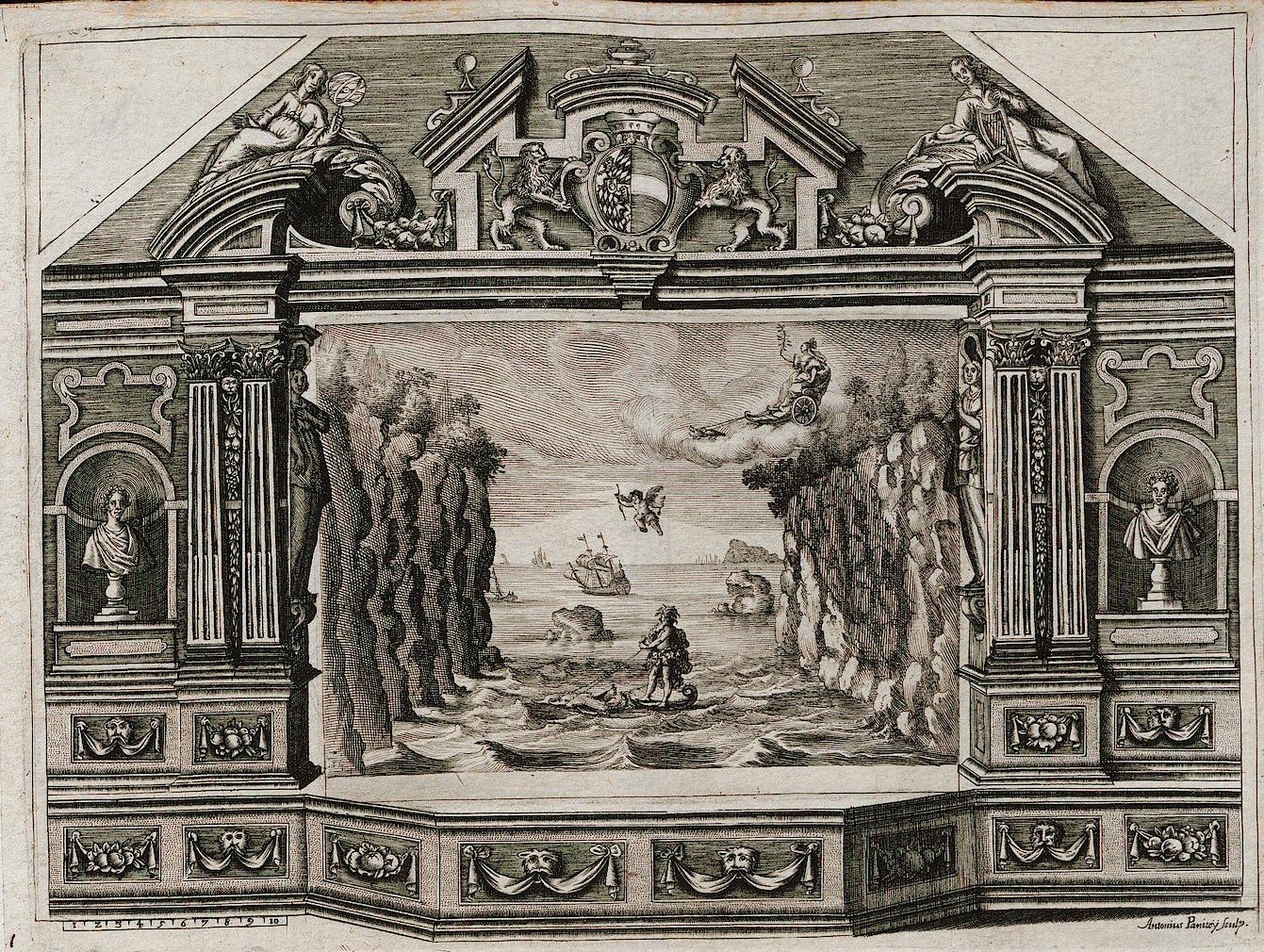 Schwarze und weiße Gravur eines Raums mit einer detaillierten 16. Jahrhundert-Szene auf der Wand, einschließlich Skulpturen, Figuren und Bäumen, mit dekorativem Text unten.
