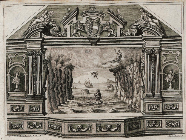 Schwarze und weiße Gravur eines Raums mit einer detaillierten 16. Jahrhundert-Szene auf der Wand, einschließlich Skulpturen, Figuren und Bäumen, mit dekorativem Text unten.