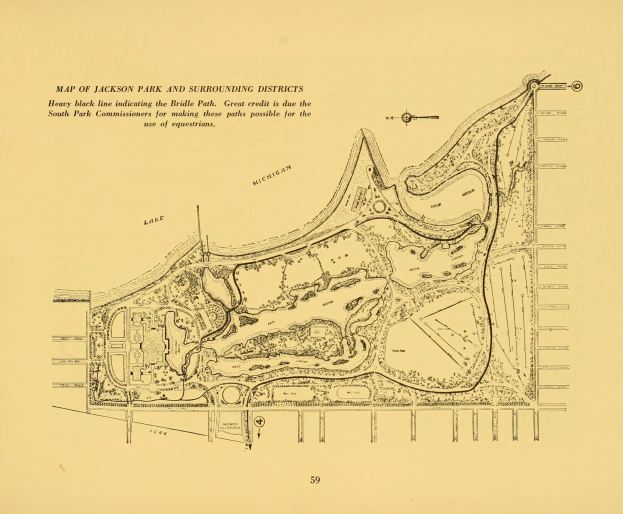 Alte Karte von Jackson Park und umliegenden Bezirken mit detaillierten Straßen-, Park- und Merkmalsmarkierungen.