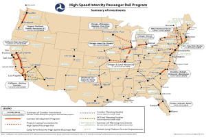 Ein Plakat mit einer Karte der Vereinigten Staaten, auf der die Routen und Sehenswürdigkeiten des Hochgeschwindigkeits-Intercity-Personenzug-Programms hervorgehoben sind.