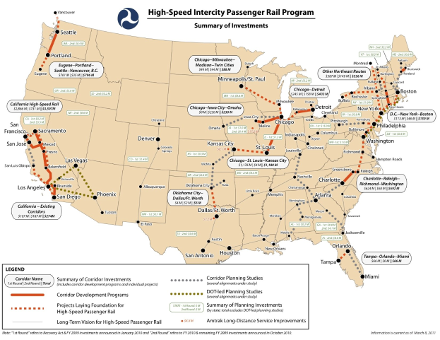 Ein Plakat mit einer Karte der Vereinigten Staaten, auf der die Routen und Sehenswürdigkeiten des Hochgeschwindigkeits-Intercity-Personenzug-Programms hervorgehoben sind.