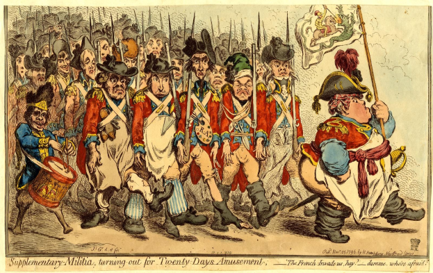 Cartoon of men in military uniforms marching down a street, some holding weapons, with text at the bottom reading "Supplementary Militia, turning out for twenty-days amusement."