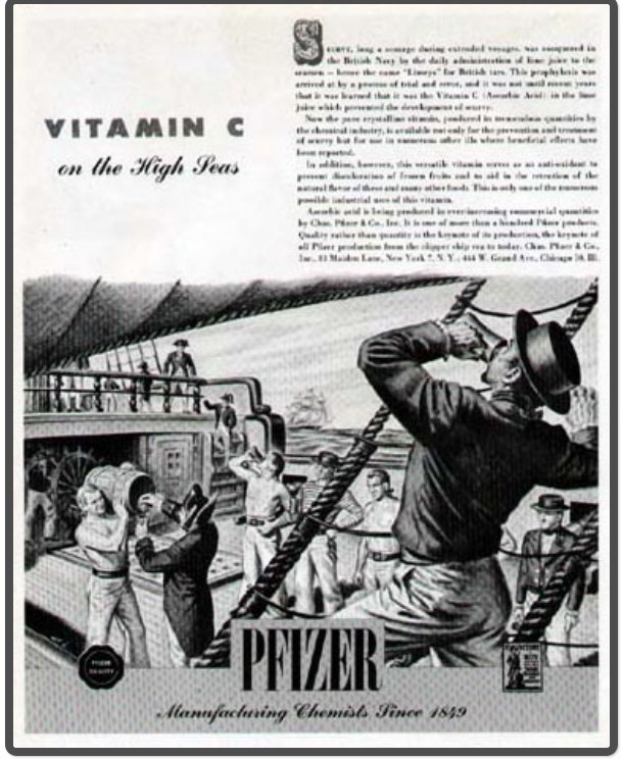 Werbung für Pfizer Vitamin C auf einem Schiff, zeigt Text und Bilder von Menschen, Seilen und einem Schiff.