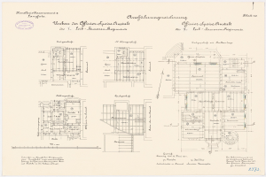 Schwarz-weißer architektonischer Grundriss des ehemaligen Bundeskanzleramts in der Bundesrepublik Deutschland, der detaillierte Pläne zeigt mit beschrifteten Räumen und strukturellen Elementen.
