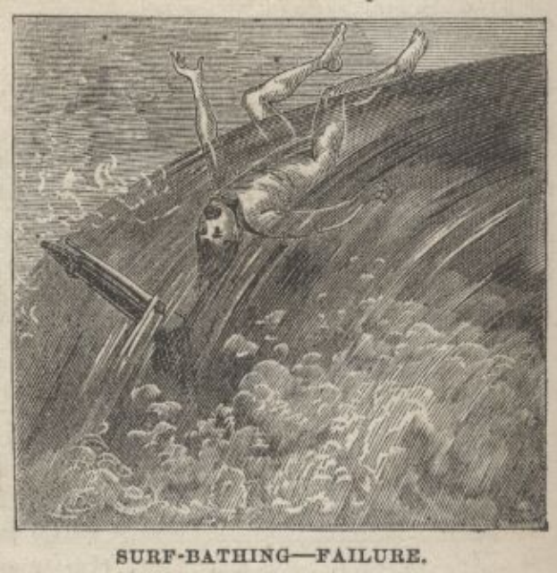 Ein Blatt Papier mit einer Zeichnung von zwei Ängstlichen Menschen im aufgewöhlten Wasser, mit der überschrift "Surf-Badung Misserfolg" in fetter Schrift.