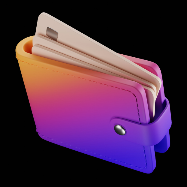 Ein lila und orangefarbener Geldbeutel mit einem Kreditkartenhalter, gefüllt mit Karten, vor einem weißen Hintergrund.