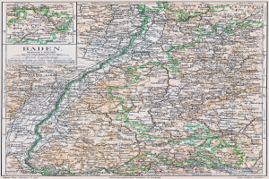 Ein altes Kartenbild von Baden-Württemberg, Deutschland, das Straßen, Städte und geografische Merkmale zeigt mit Text oben und unten.