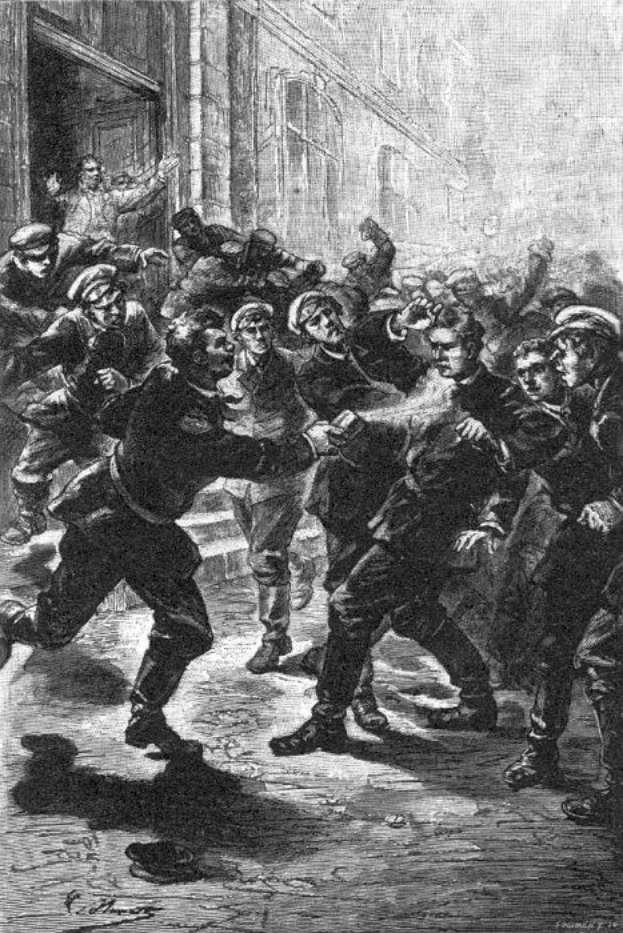 Schwarz-weiß-Illustration einer gewalttätigen Straßenprügelei zwischen einer Gruppe von Männern mit einem Gebäude im Hintergrund und der Beschriftung "Victorian riots in London, England" unten.