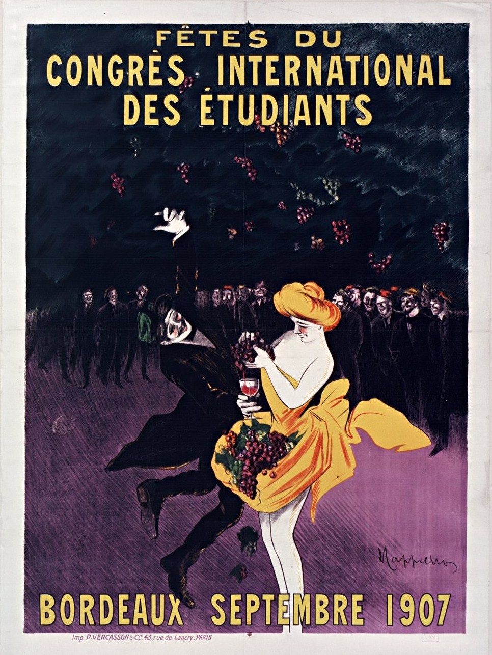 Ein Vintage-Plakat aus dem Jahr 1907, das ein Weinprobevent in Bordeaux, Frankreich ankündigt, mit einer Frau in gelbem Kleid, die ein Glas Wein hält, umgeben von einer Gruppe von Menschen, mit Text, der das Ereignis beschreibt.