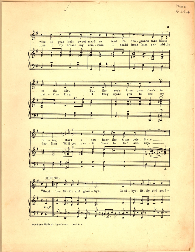 Altes Notenblatt mit dem Titel "Goodbye Little Girl" mit Violinschlüssel und Bassschlüssel-Notation, Text und einem hellen Cremehintergrund.