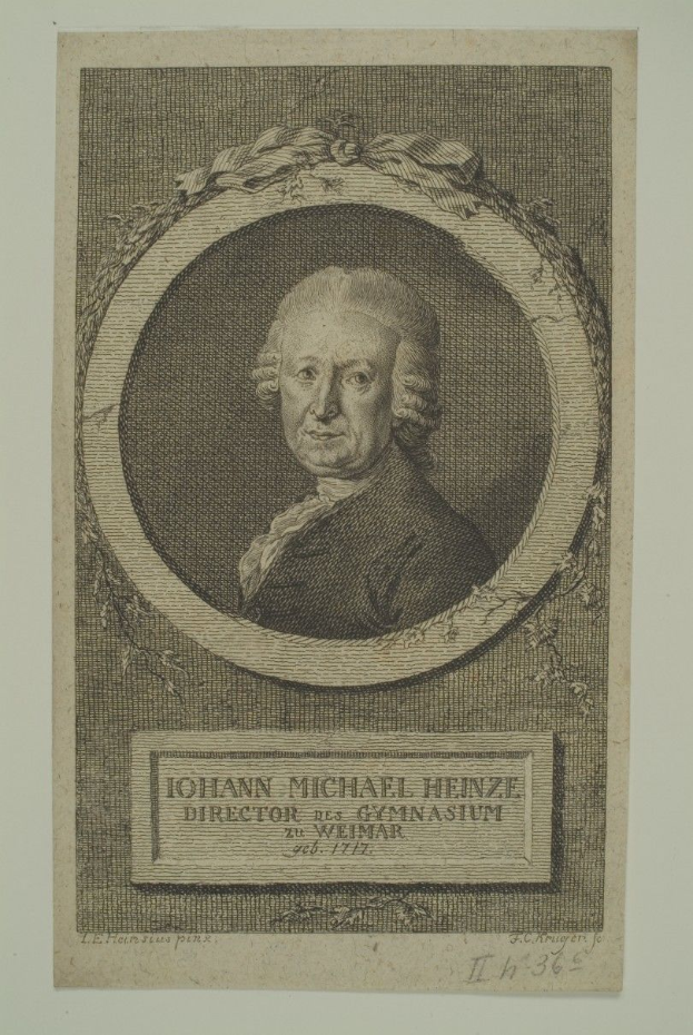 Eine Gravur von Johann Michael Heinze, Direktor des Gymnasiums, in der Mitte des Papiers umgeben von einem Rahmen, mit Text unten.