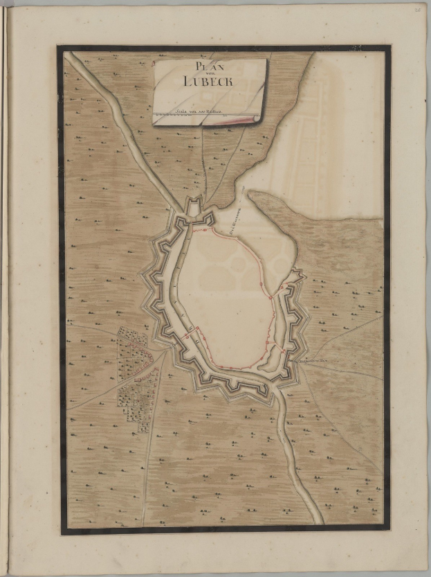 Altes Buch mit einer detaillierten Karte von Lübeck, Deutschland, das Straßen, Gebäude und Sehenswürdigkeiten zeigt und von Text über die Bevölkerung, Geschichte und Kultur der Stadt begleitet wird.
