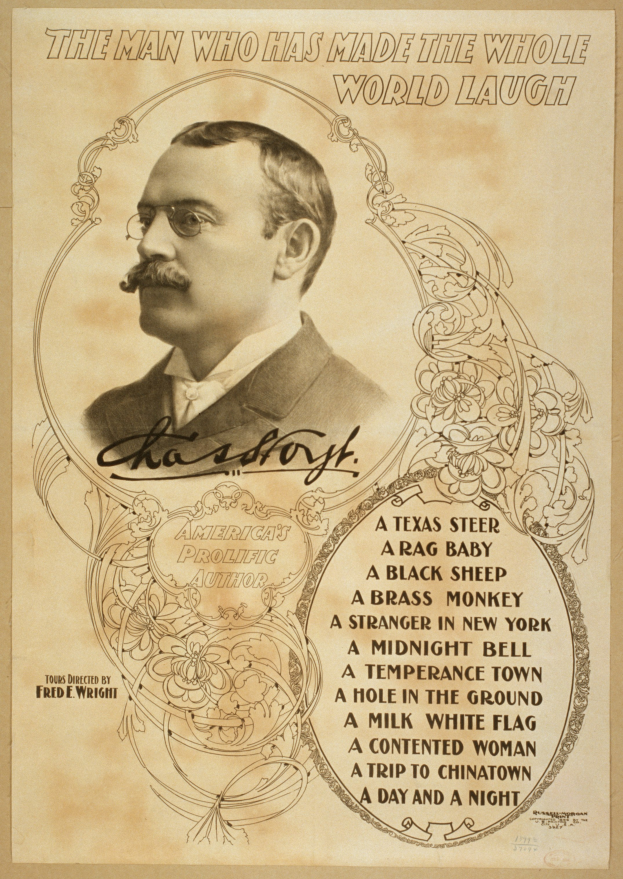 Ein Mann mit Schnurrbart und Brille schaut ernst in die Ferne, über ihm steht der Text "Der Mann, der die ganze Welt zum Lachen gebracht hat."