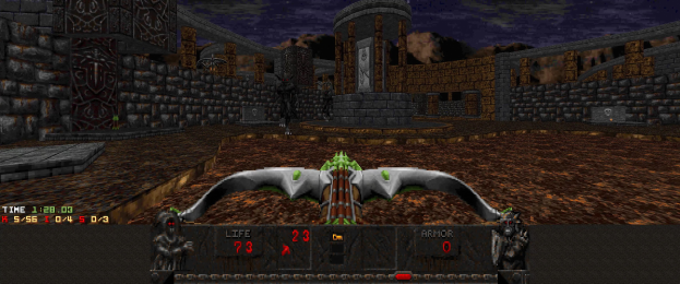 Ein Dungeon in *Dungeon Master II* mit einem Drachen in der Mitte, umgeben von Wänden, Säulen und anderen Gegenständen, mit Spielstatus-Text und Zahlen unten.